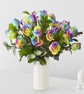 Rainbow Rose Bouquet – 24 Roses With White Fluted Vase – FedEx