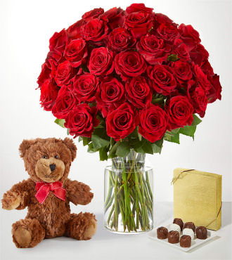 Three Times the Love Red Rose Bouquet – 36 Roses with Glass Vase Chocolate, and Bear – FedEx